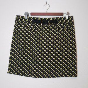 Ann Taylor Loft Black Green Brown White Skirt Sz 8 Geometric Belt Mini Straight
